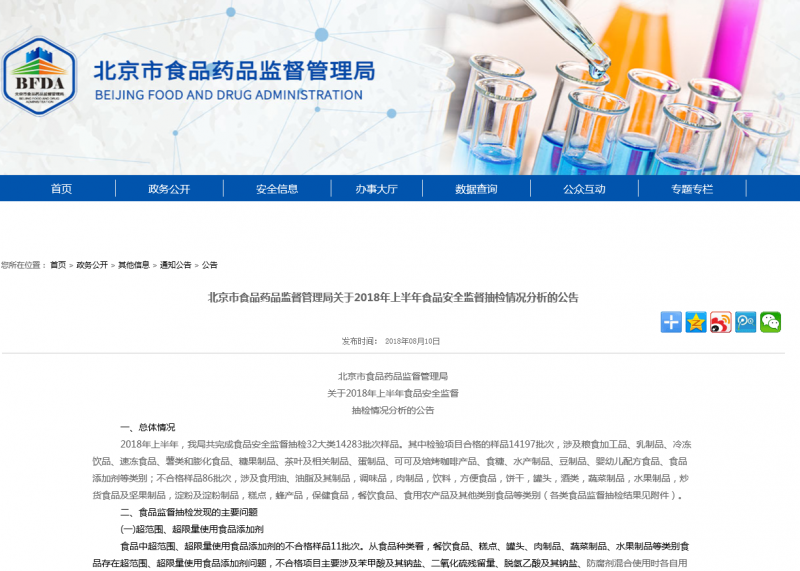 北京市食药监局：上半年抽检食品14283批次 不合格样品86批次